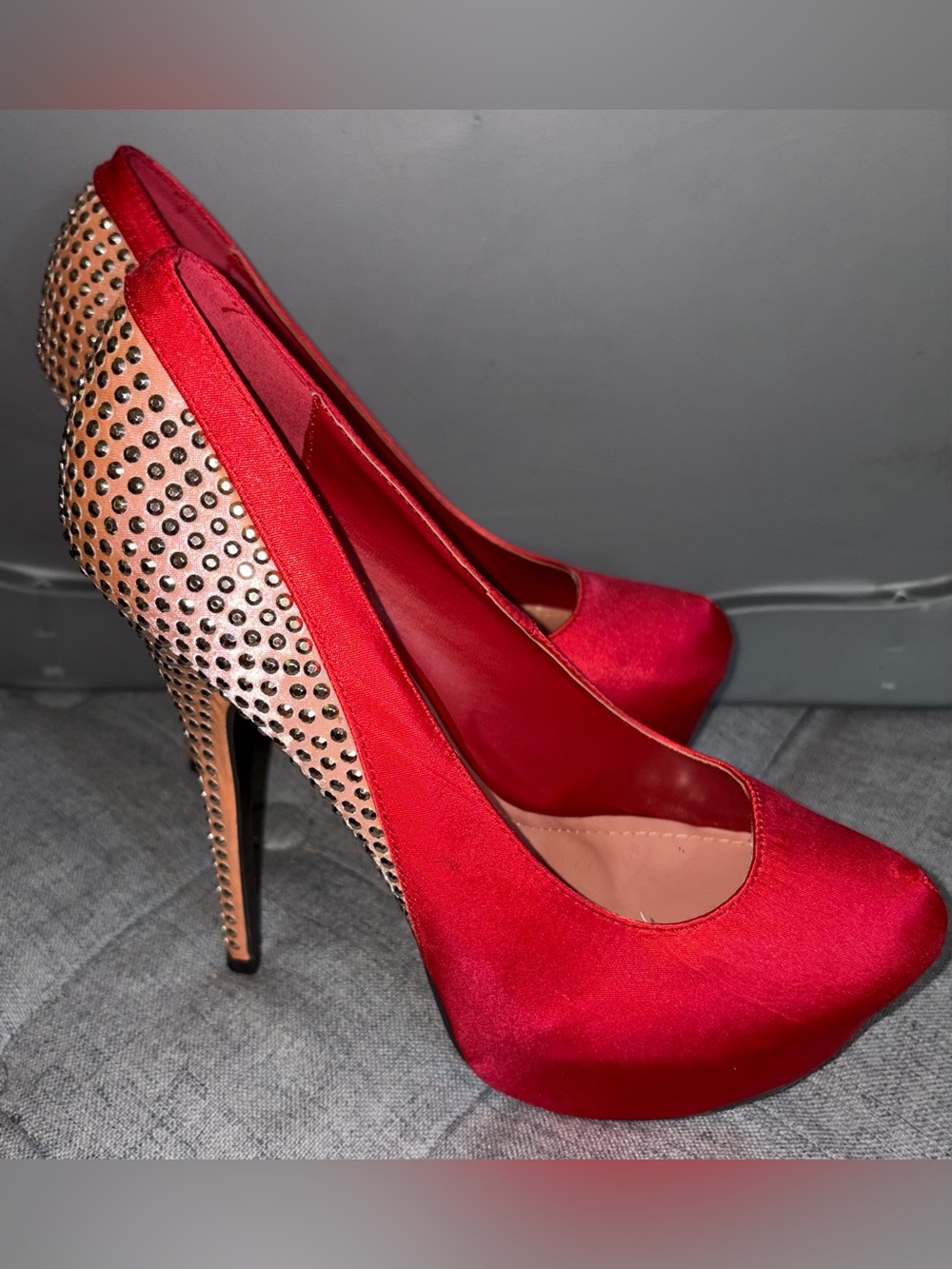 Liliana Red Satin Platform Pumps with Studded Heel